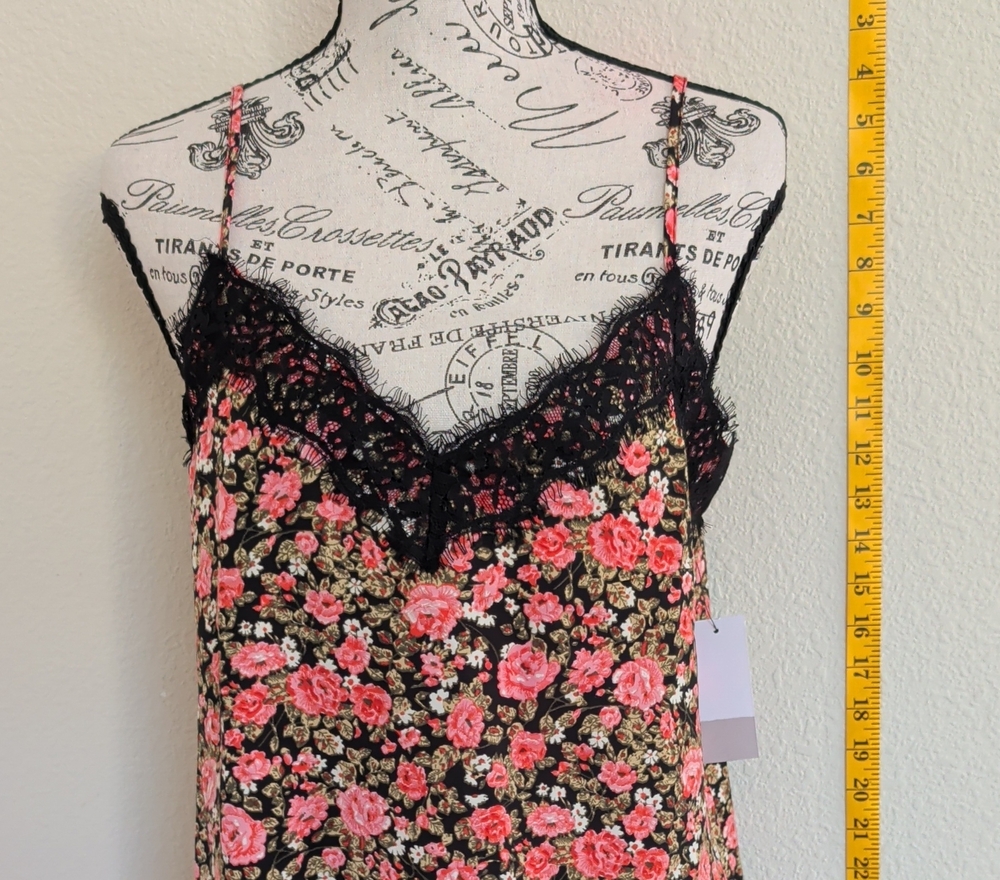 bp Black Cami with Pink Floral Print and Lace Trim
